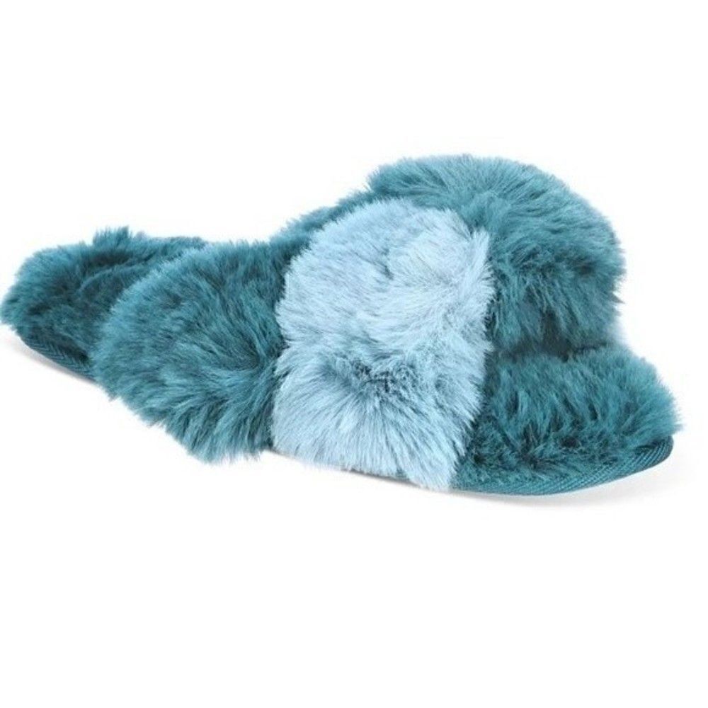 Women's Faux-Fur Solid Crossband Slippers celestial size and 7/8